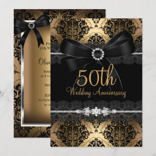 Convite Elegante Arco Preto & Damasco Dourado 50º Aniversá