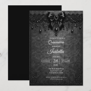 Convite Elegante Arco Preto Pérolas Quinceañera