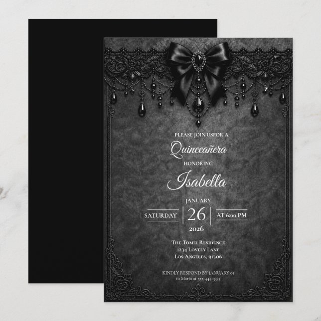 Convite Elegante Arco Preto Pérolas Quinceañera (Frente/Verso)