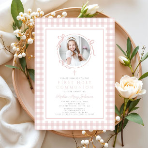 Convite Elegante Arco Rosa Bege Foto Menina Primeira Comun