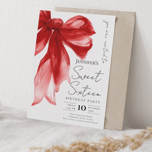 Convite Elegante Arco Vermelho Coquette Script Festa Sweet (Elegant Red Bow Coquette Script Sweet 16 Party Invitation)