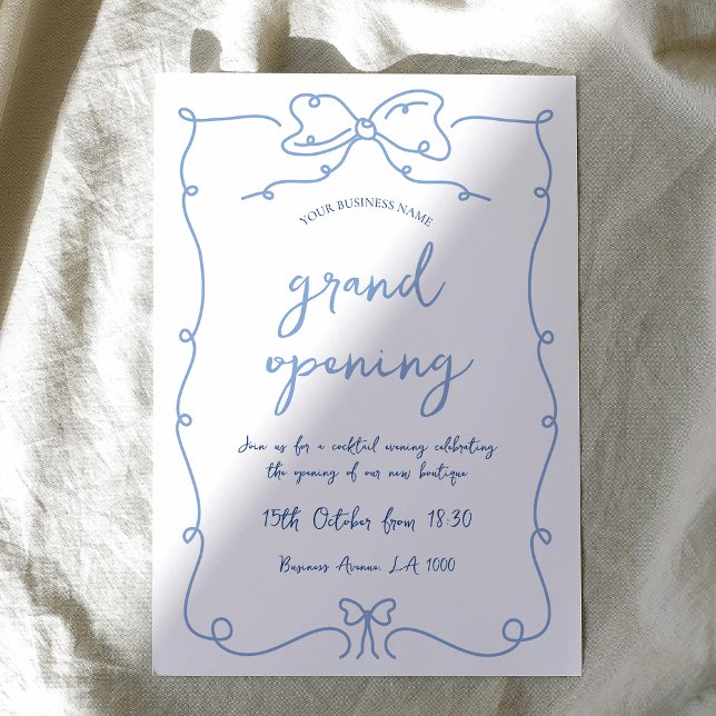 Convite Elegante Arcos Whimsical Blue Business Evento de a (Elegant hand-drawn business grand opening invitation with handwritten style font in blue and white)