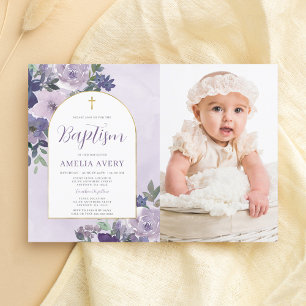 Convite Elegante Arquivo Floral Roxo Menina Batismo Foto