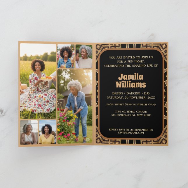 Convite Elegante Art Deco 60º Festa de aniversário Seis Fo (Interior)