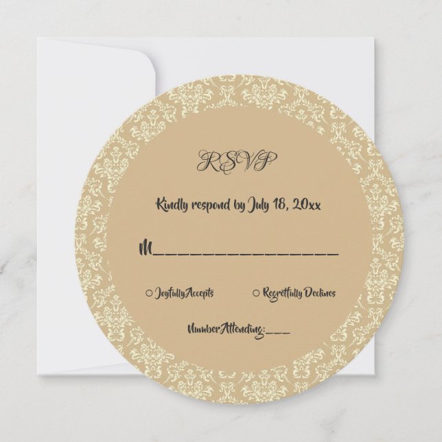 Convite Elegante Art Deco Beige Damask Round Wedding RSVP (Frente)