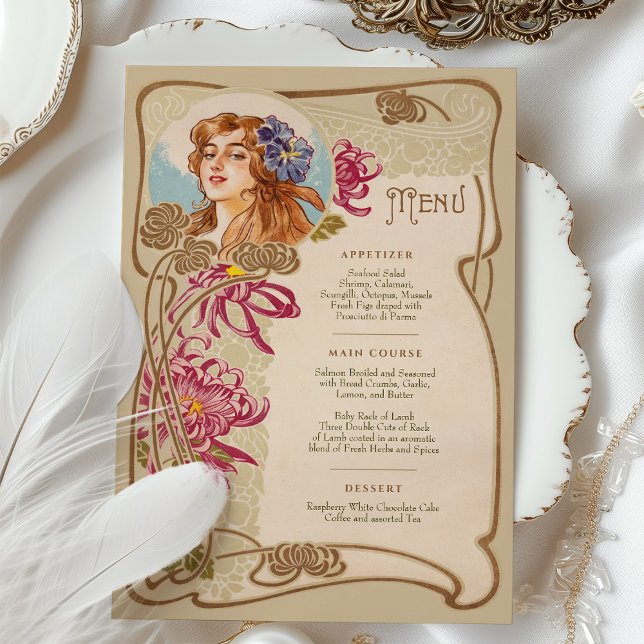 Convite Elegante Art Nouveau Janto Casamento Menu Floral (Criador carregado)