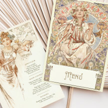 Elegante Art Nouveau Janto Casamento Menu Mucha