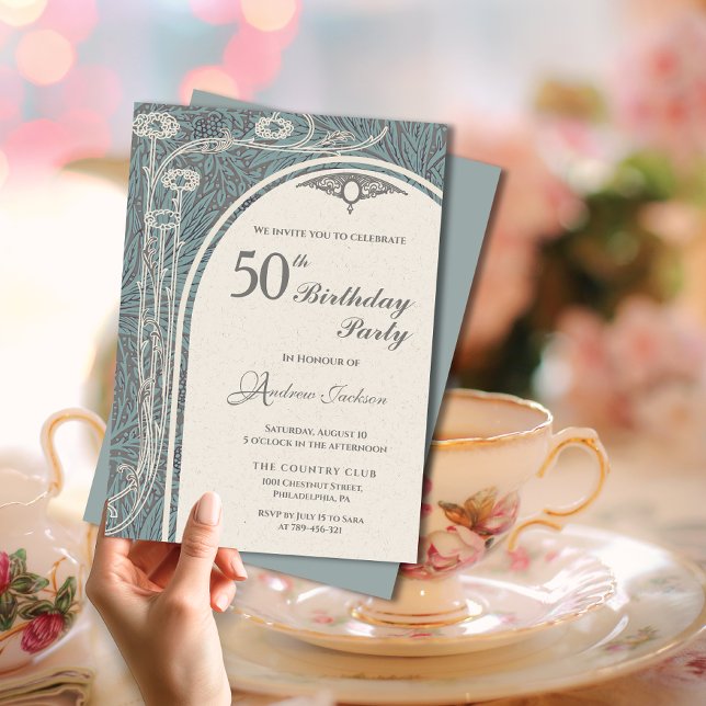 Convite Elegante Art Nouveau Teal & Silver Floral Birthday (Elegant Art Nouveau Teal & Silver Floral Birthday Invitation)