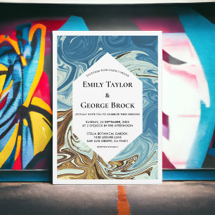 Convite Elegante Arte Abstrata Azul em Aquarela para Casam