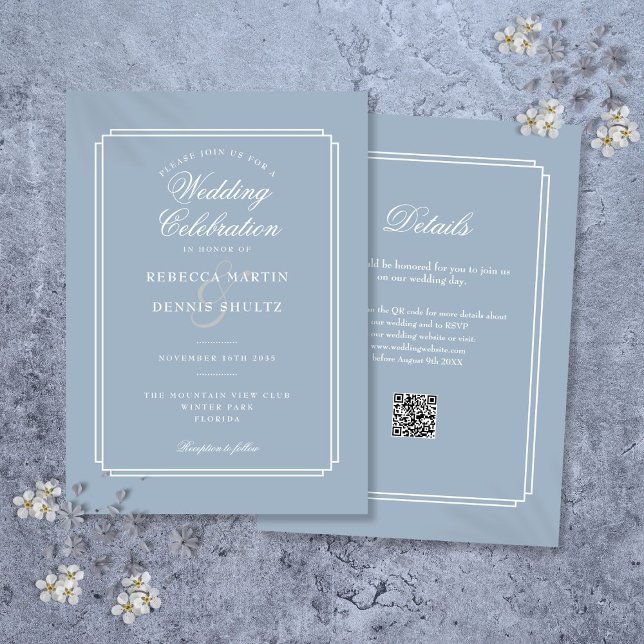 Convite Elegante Arte Deco Código QR Azul Poeirento Casame (Elegant Dusty Blue QR Code Art Deco Wedding Invitation)