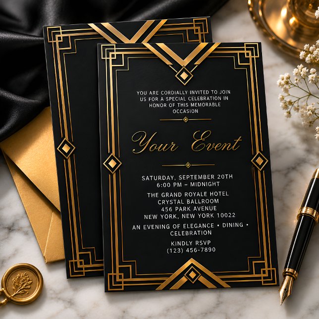 Convite Elegante Arte Deco Preto e Dourado para Qualquer O (Criador carregado)