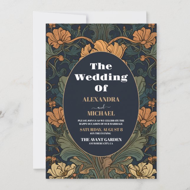 Convite Elegante Arte Floral Art Nouveau Casamento (Frente)