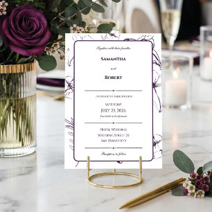 Convite Elegante Arte Linear Floral Roxo Ameixa Casamento