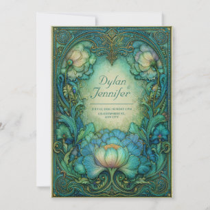 Convite Elegante Arte Nova Floral Teal Antigo Casamento