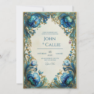 Convite Elegante Arte Nova Floral Teal Cinzelado Casamento