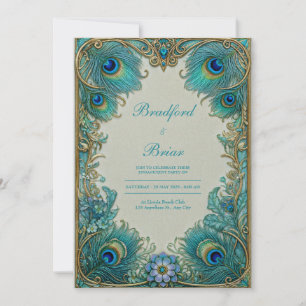 Convite Elegante Arte Nova Turquesa Pluma Casamento Dourad