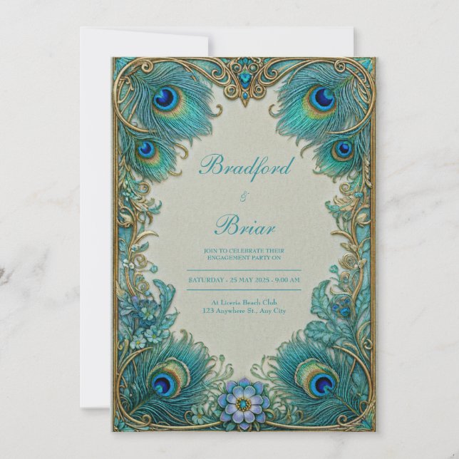 Convite Elegante Arte Nova Turquesa Pluma Casamento Dourad (Frente)
