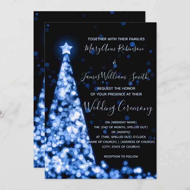Convite Elegante Árvore de Natal Azul Casamento de Férias (Frente/Verso)