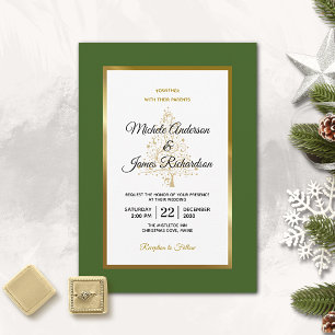 Convite Elegante Árvore de Natal Verde Floresta Dourada Ca