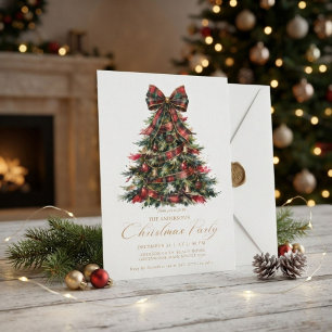 Convite Elegante árvore de Natal vermelha xadrez e dourada