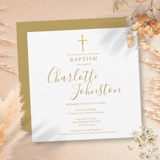 Convite Elegante Assinatura em Script Dourado Batismo Cris (Criador carregado)