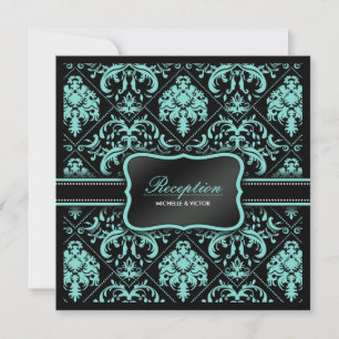 Convite Elegante Azul Água e Preto Damask Recepção Apenas
