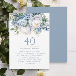 Convite Elegante Azul-aniversário de 40 anos Floral Branco