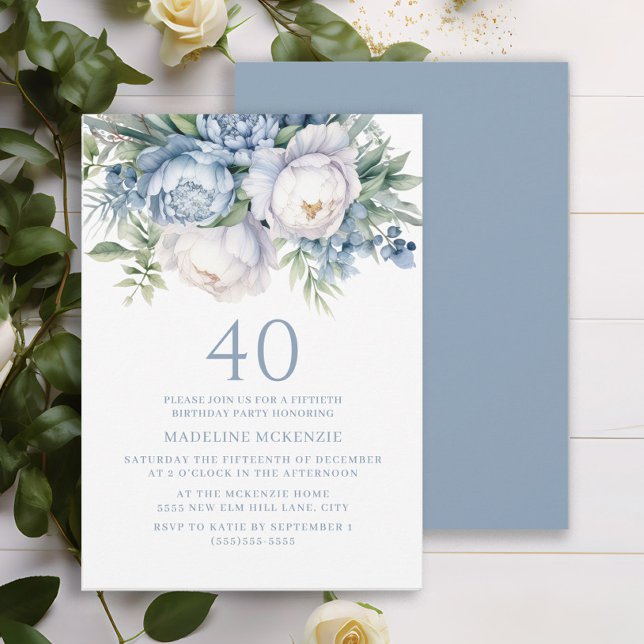 Convite Elegante Azul-aniversário de 40 anos Floral Branco (Dusty blue and white watercolor floral 40th birthday party invitation for women.)