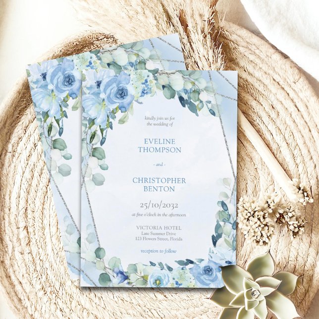 Convite Elegante azul-aquarela cor verde-prateado (watercolor blue winter flowers mixed eucalyptus and silver frame wedding invitation)