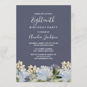 Convite Elegante Azul Cinza Floral Aquarela 18º Aniversári