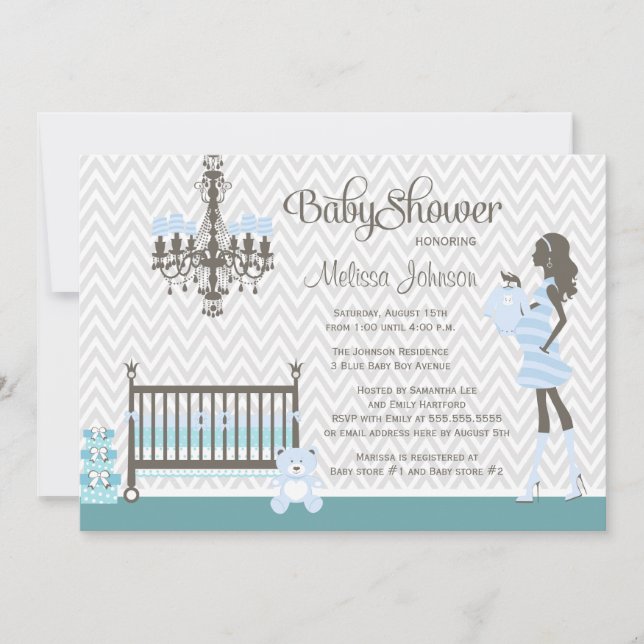 Convite elegante azul do chá do bebé do berçário (Frente)