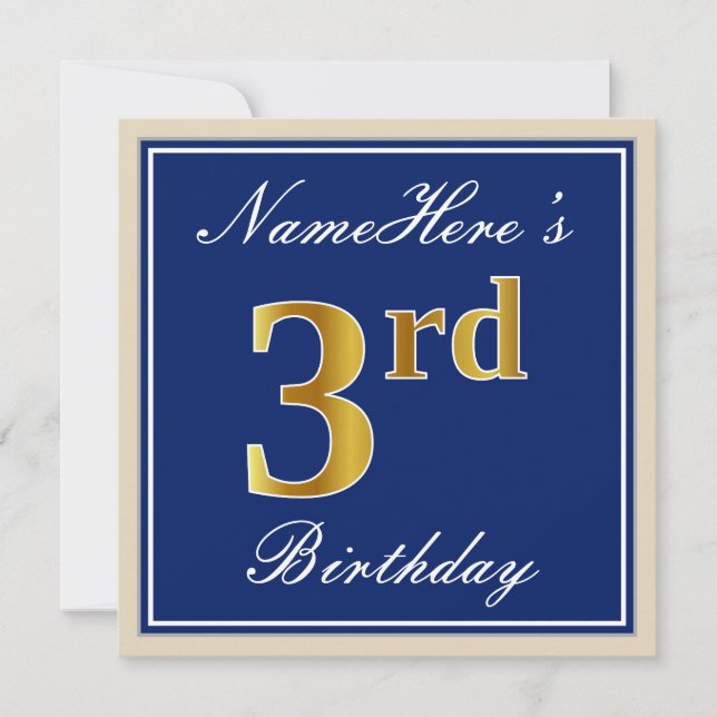 Convite Elegante, Azul, Dourado Falso Aniversário de 3 ano (Frente)