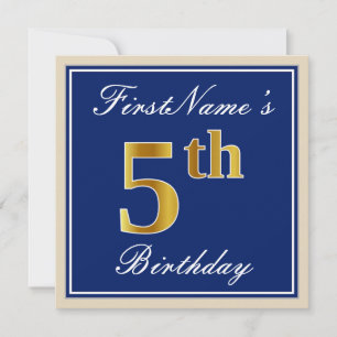 Convite Elegante, Azul, Dourado Falso Aniversário de 5 Ano