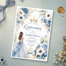 Elegante Azul Dourado Princesa Floral Quinceañera