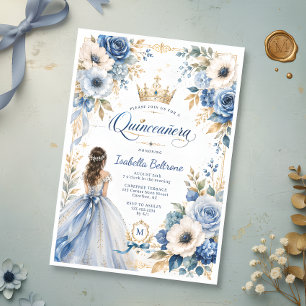 Convite Elegante Azul Dourado Princesa Floral Quinceañera