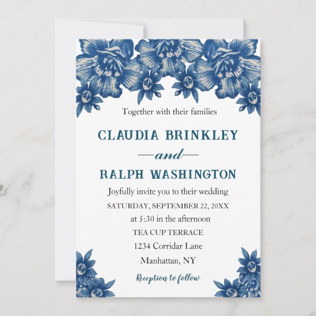 Convite Elegante Azul e Branco Toile De Jouy (Frente)
