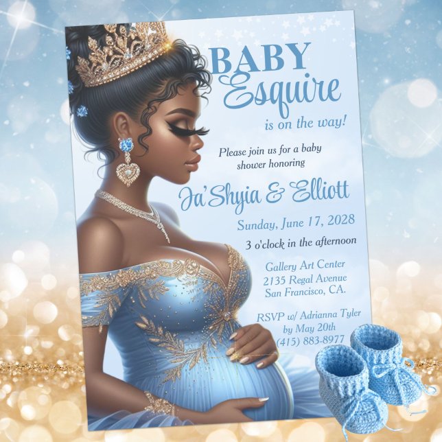 Convite Elegante Azul e Dourada Mulher Étnica Chá de frald (Pregnant African American Woman Elegant Blue & Gold Royal Baby Shower Invitation )