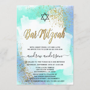 Convite Elegante Azul E Dourado Bar De Aquarela Mitzvah