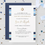 Convite Elegante Azul e Dourado Bar Mitzvah<br><div class="desc">Convide amigos e família com este elegante Bar Mitzvah convite com talentos azuis, marinhos, brancos e dourados! Capacidade de adicionar seus detalhes de cerimônia e recepção, almoço, janto ou festa! Douradas listras, frase do Bar Mitzvah e estrela de David em folha de ouro falso. Detalhes da caligrafia escrita à mão....</div>