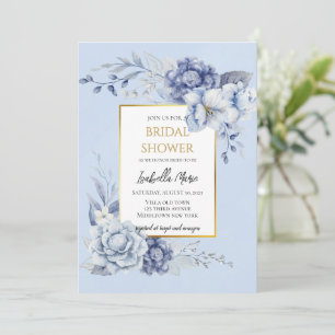 Convite Elegante Azul e Dourado Chá de panela Floral