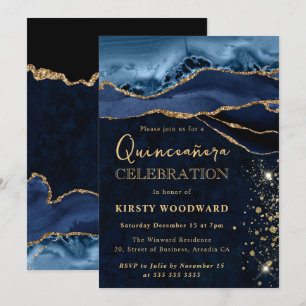 Convite Elegante Azul e Dourado com Brilho de Ágata Quince