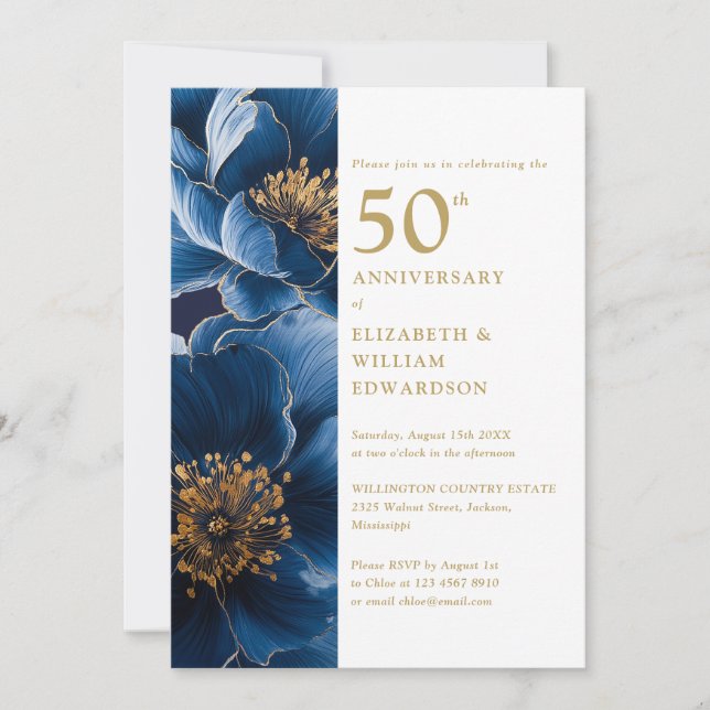 Convite Elegante Azul E Dourado Floral 50º Aniversário (Frente)