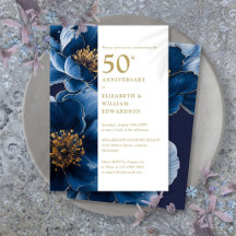 Elegante Azul E Dourado Floral 50º Aniversário