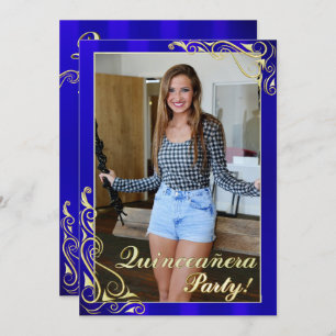 Convite Elegante Azul e Dourado Sua Foto Quinceañera