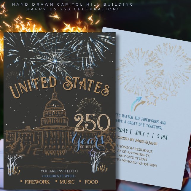 Convite Elegante Azul e Dourado US 250 Capitol (Elegant Blue & Gold US 250 Capi Invitation)