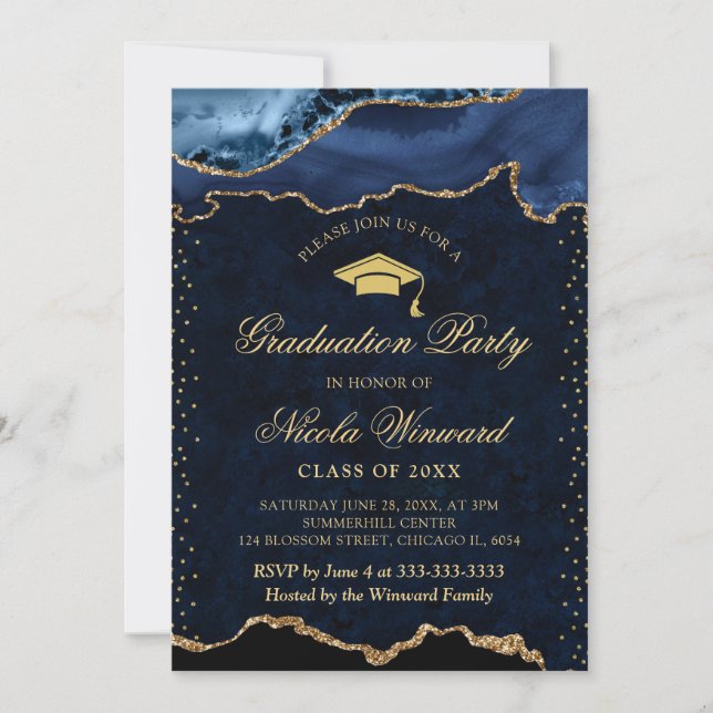 Convite Elegante Azul e Mármore Ágata Graduação (Frente)