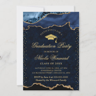 Convite Elegante Azul e Mármore Ágata Graduação