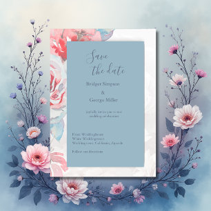 Convite elegante azul empoeirado rosa de cor aquosa floral