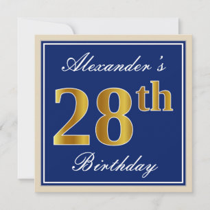 Convite Elegante, Azul, Faux Dourado 28. Aniversário + No