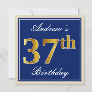 Convite Elegante, Azul, Faux Dourado 37º Aniversário + Nom
